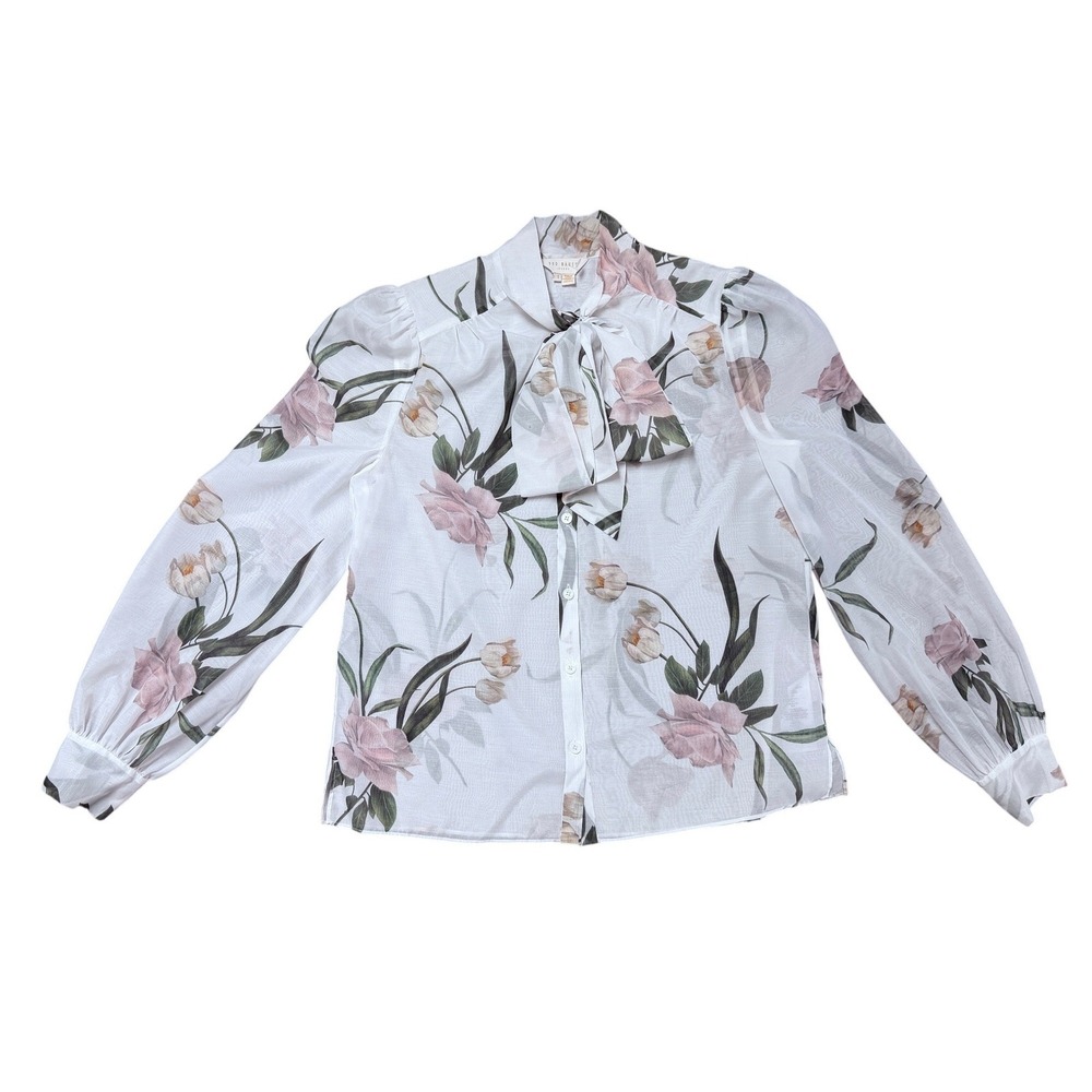 Ted Baker London Floral Tie Bow Blouse White Pink Tulip Print Tie Neck Size 1 - Picture 2 of 6